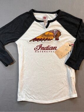 Womens Lucky Brand White & Black Raglan Indian Motorcycle Tee